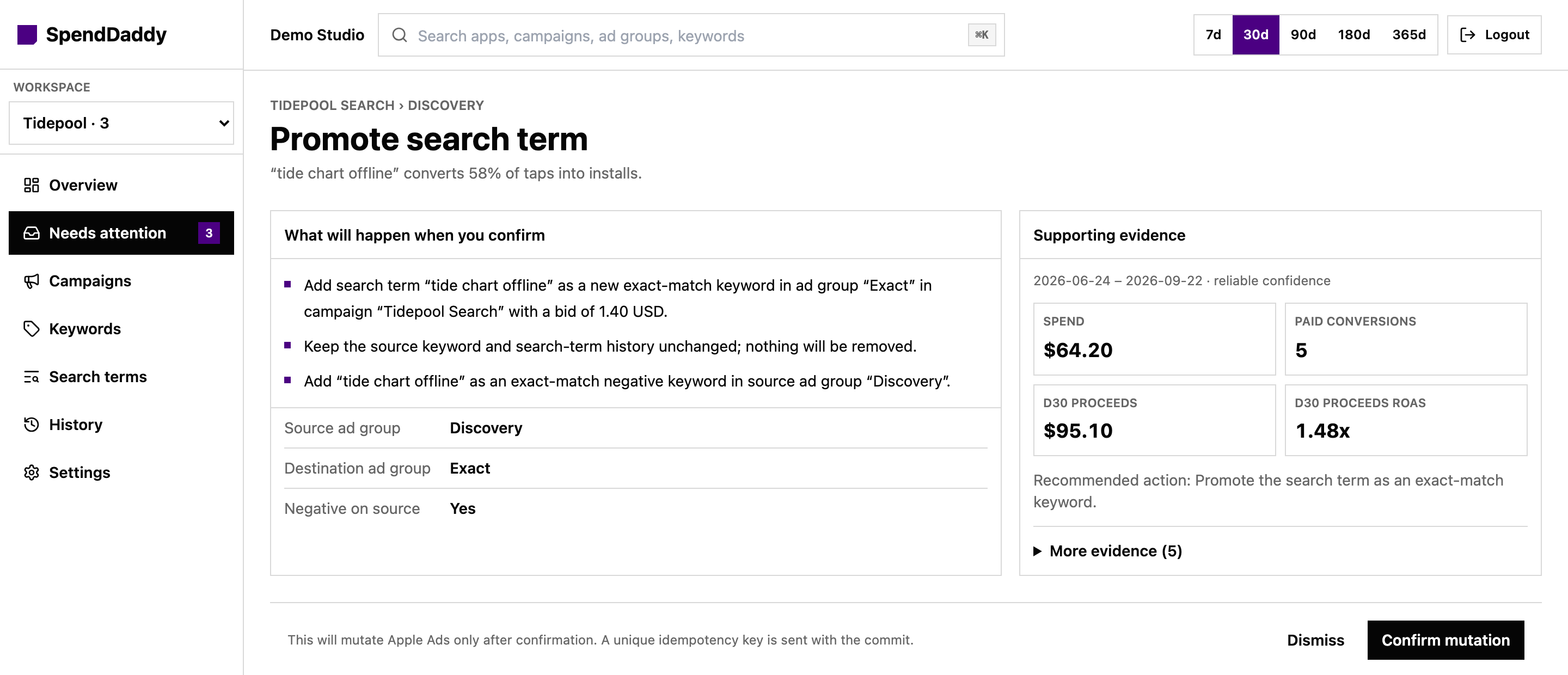 Review of a Promote search term decision: what will happen in Apple Ads, spend, paid conversions, D30 proceeds and ROAS, and a Confirm button